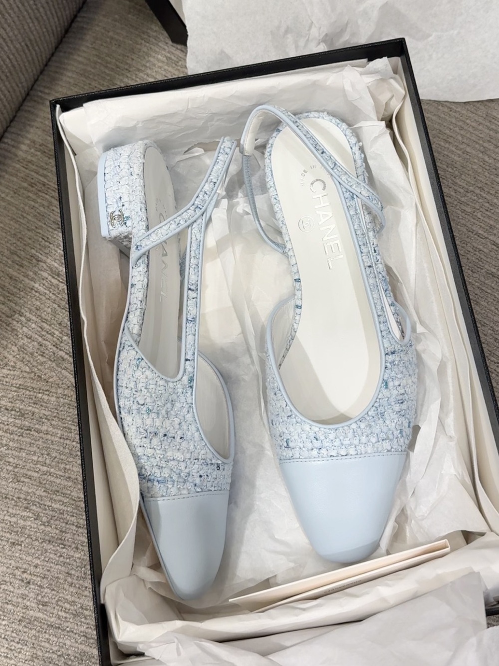 CHANEL Light Blue Tweed Slingback Flats with Leather Cap Toe